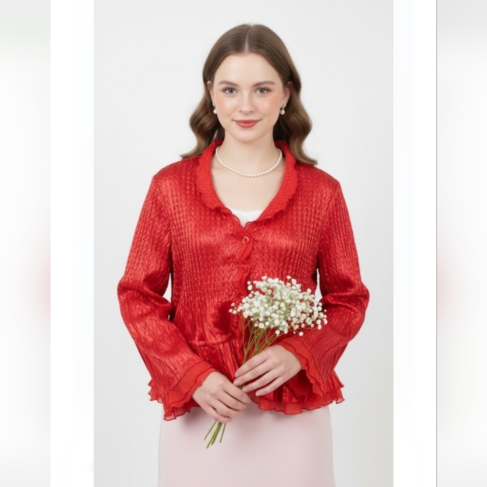 Caelian Blouse Y2K Red Satin Pleated Ruffle Whimsy Layered XL